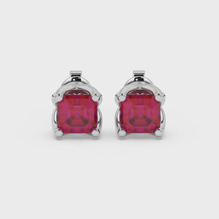 Red Asscher cut floral stud earrings in gold featuring 5.00 MM gemstones in a sculpted four-prong bloom setting