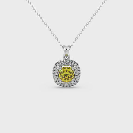 Yellow cushion cut gemstone double halo pendant in rose gold