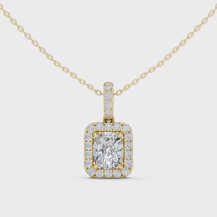 Cushion cut halo diamond pendant in gold with lab grown diamonds by Signora Jewels