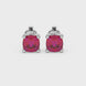 Red cushion cut solitaire stud earrings with accent diamonds in white gold four prong setting