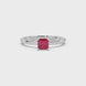 Red Asscher cut solitaire ring in gold featuring a 5.00 MM gemstone in a classic four-prong cathedral setting