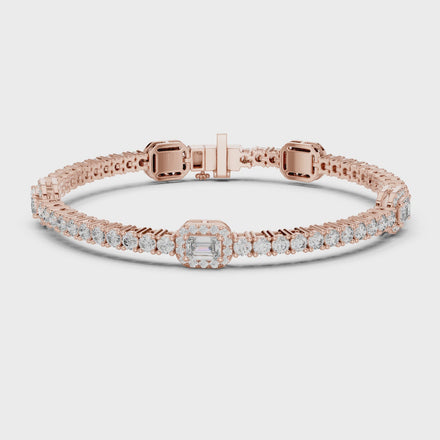 Emerald cut halo lab grown diamond tennis bracelet with round diamond detailing in yellow white and rose gold