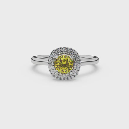 Yellow cushion cut gemstone double halo ring in rose gold