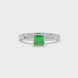 Green Asscher cut gemstone solitaire ring in gold featuring a refined six-prong basket setting