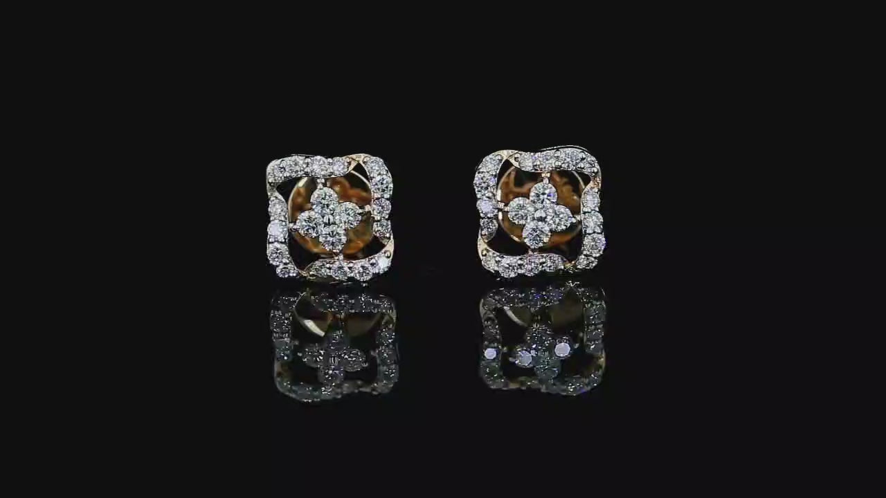 360-degree view of yellow gold floral swirl earrings with round lab grown diamonds
