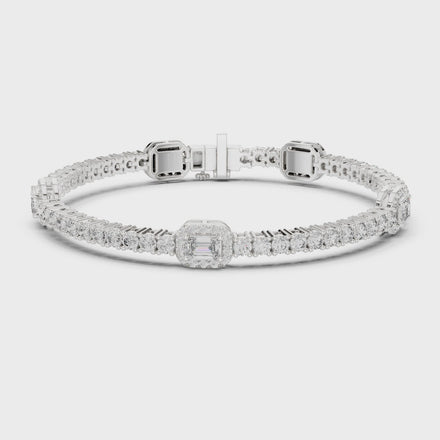 Emerald cut halo lab grown diamond tennis bracelet with round diamond detailing in yellow white and rose gold