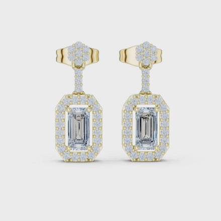 Oval halo lab grown diamond geometric drop earrings in gold by Signora Jewels