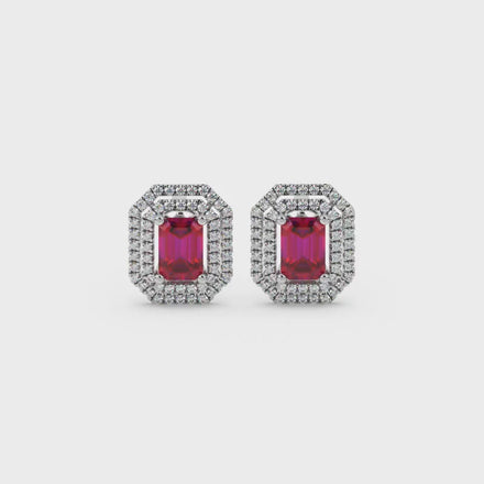Emerald cut red gemstone double halo stud earrings with octagonal diamond halo in gold