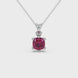 Red cushion cut gemstone solitaire pendant in gold featuring a refined six-prong basket setting