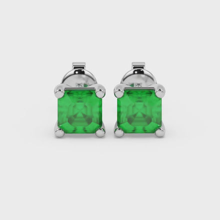 Asscher cut gemstone stud earrings in gold with four-prong basket setting and screw-back closure