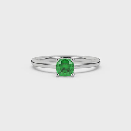 Green cushion cut solitaire gemstone ring in white gold four-prong setting