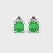 Green cushion cut solitaire stud earrings with accent diamonds in white gold four prong setting