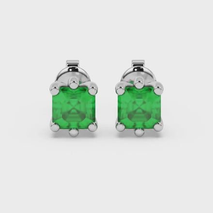 Asscher cut gemstone stud earrings in gold with six-prong basket setting and screw-back closure