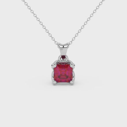 Red Asscher cut solitaire pendant in gold featuring a 5.00 MM gemstone in a floral-inspired four-prong petal setting