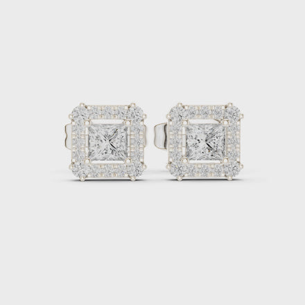 Princess cut halo lab grown diamond stud earrings in gold by Signora Jewels