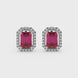 Emerald cut red gemstone halo stud earrings with round diamond accents