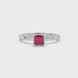 Red Asscher cut gemstone solitaire ring in gold featuring a refined six-prong basket setting