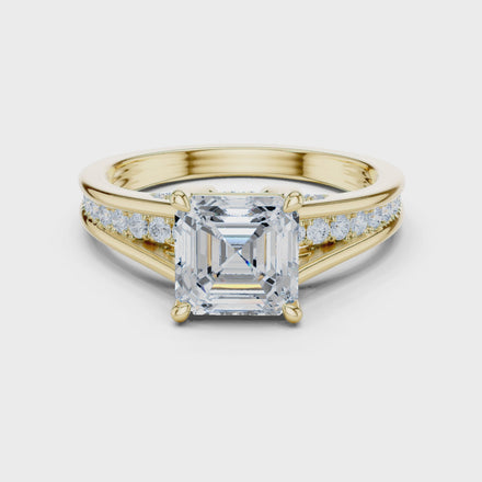 Ladies Asscher split shank diamond ring in gold with Asscher and round lab grown diamonds by Signora Jewels