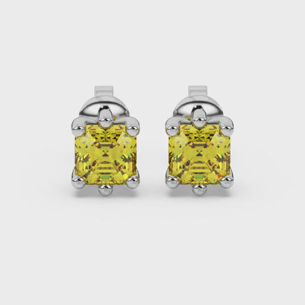 Asscher cut gemstone stud earrings in gold with six-prong basket setting and screw-back closure