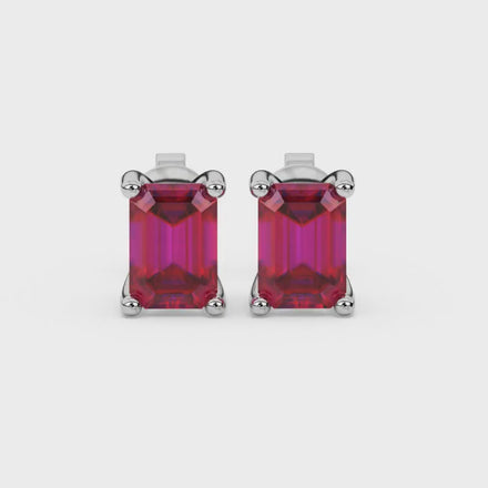 Emerald Cut Red Gemstone Solitaire Stud Earrings in Rose Gold Four Prong Setting