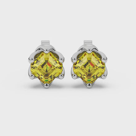 Asscher cut crown stud earrings in gold featuring 5.00 MM gemstones secured in a decorative six-prong crown setting