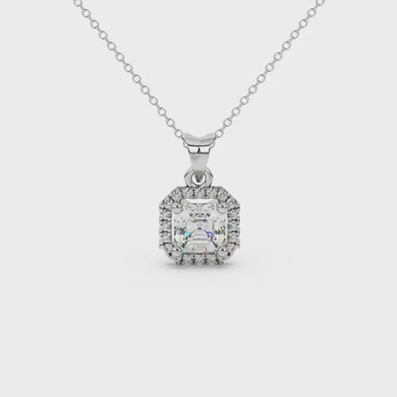Asscher cut halo gemstone pendant in gold featuring a 5.00 MM center gemstone surrounded by a sparkling diamond halo