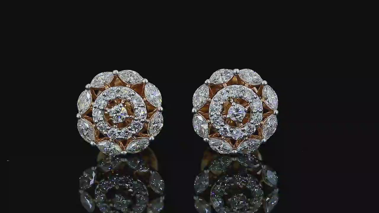 360-degree view of yellow gold floral earrings with marquise and round lab grown diamonds