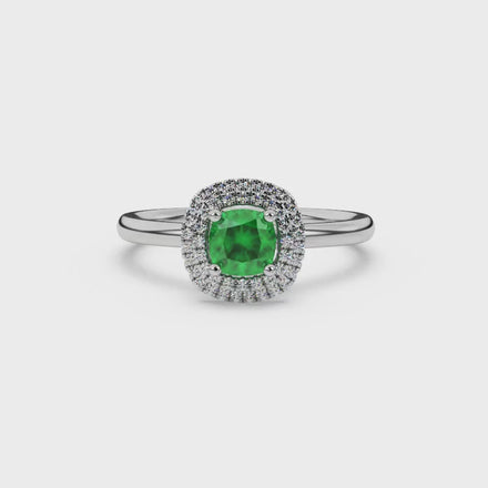 Green cushion cut gemstone double halo ring in rose gold