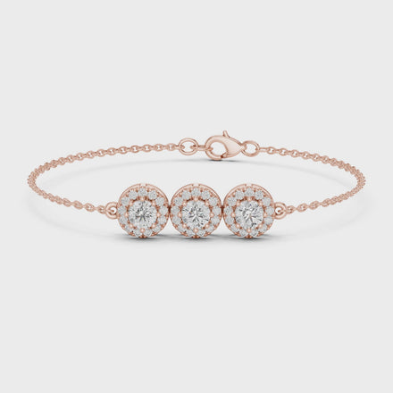 Vintage halo style lab grown diamond bracelet connector with round center diamonds and halo detailing in yellow white and rose gold