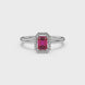 Red emerald cut gemstone halo ring with split shank band and diamond accents