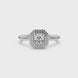 Asscher cut halo gemstone ring in gold featuring a 5.00 MM center gemstone surrounded by a double halo of round diamonds