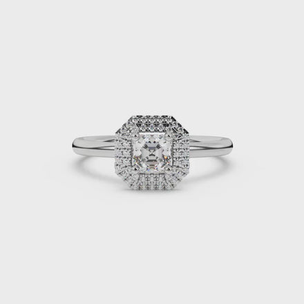 Asscher cut halo gemstone ring in gold featuring a 5.00 MM center gemstone surrounded by a double halo of round diamonds