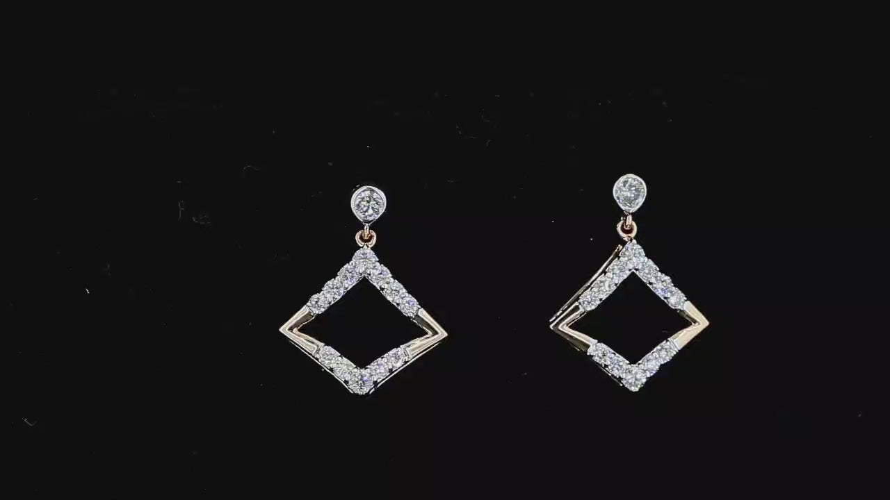 360-degree view of yellow gold geometric drop earrings with round lab grown diamonds