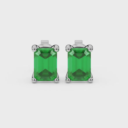Emerald Cut Green Gemstone Solitaire Stud Earrings in Rose Gold Four Prong Setting