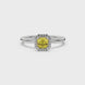 Asscher cut halo gemstone ring in gold featuring a 5.00 MM center gemstone surrounded by round diamond accents