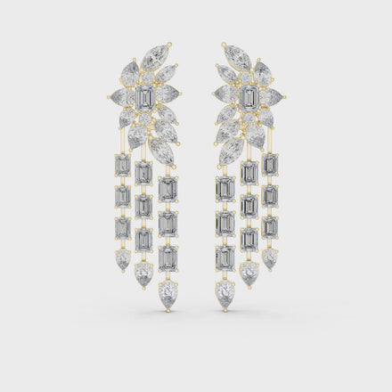 Luxury multi shape lab grown diamond chandelier earrings in gold with emerald, pear and marquise diamonds by Signora Jewels