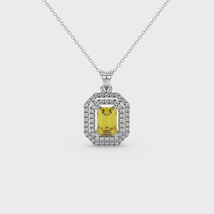 Emerald cut yellow gemstone double halo pendant with octagonal diamond frame in gold
