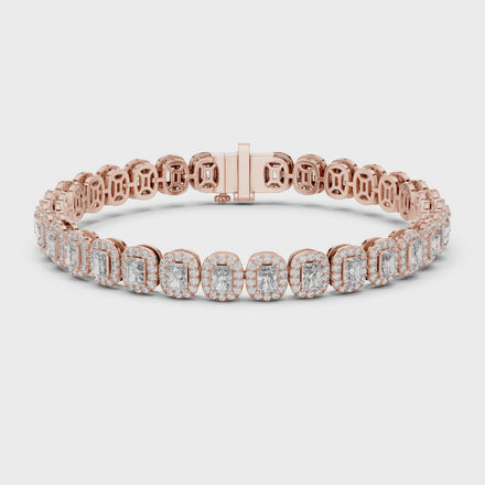 Radiant cut halo lab grown diamond tennis bracelet in yellow gold white gold and rose gold with luxury diamond links