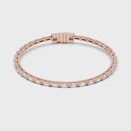 Lab grown baguette diamond tennis bracelet in yellow gold white gold and rose gold featuring sleek geometric diamond settings