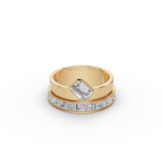 Princess and Emerald Lab Grown Diamond Band in yellow gold, front view
