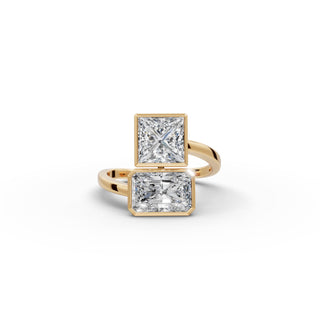 Princess and Radiant Lab Grown Diamond Bezel Toi et Moi Ring in yellow gold, view 2