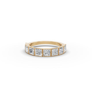 Princess Lab Grown Diamond Bezel Eight Stone Band in yellow gold, front view