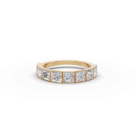 Princess Lab Grown Diamond Bezel Eight Stone Band in yellow gold, front view