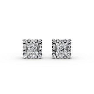 Princess Lab Grown Diamond Halo Stud Earrings in silver, front view