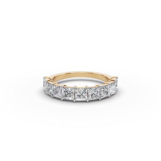 Princess Lab Grown Diamond Nine Stone Band in yellow gold, front view