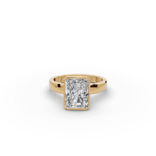 Radiant Lab Grown Diamond Bezel Solitaire Ring in yellow gold, front view