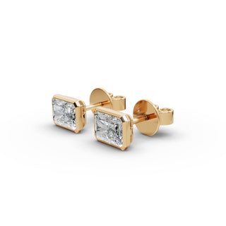 Radiant Lab Grown Diamond Bezel Stud Earrings in yellow gold, front view