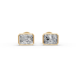 Radiant Lab Grown Diamond Bezel Stud Earrings in yellow gold, view 2