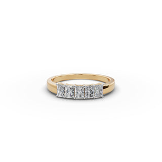 Radiant Lab Grown Diamond Five Stone Band in yellow gold, front view