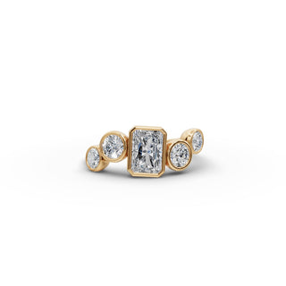 Radiant Lab Grown Diamond Five Stone Ring with Round Accents in yellow gold, front view